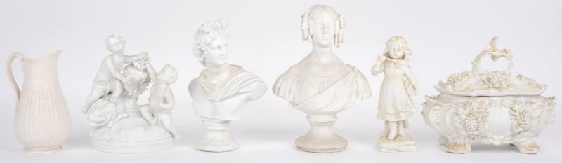 Een lot monochroom wit biscuit, bestaande uit een rococo terrine, een Romeinse buste, een vrouwenbuste, een meisje met boeken, een kannetje en twee putti met een kalf.