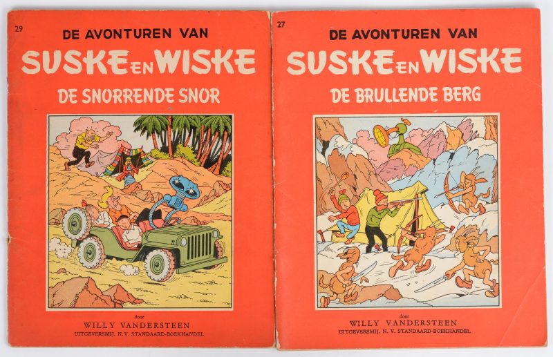 Suske en Wiske. “De Brullende Berg”. Rode Reeks. Eerste druk. 1956. En “De Snorrende Snor”. Rode Reeks. Eerste druk. 1957. Goede staat.