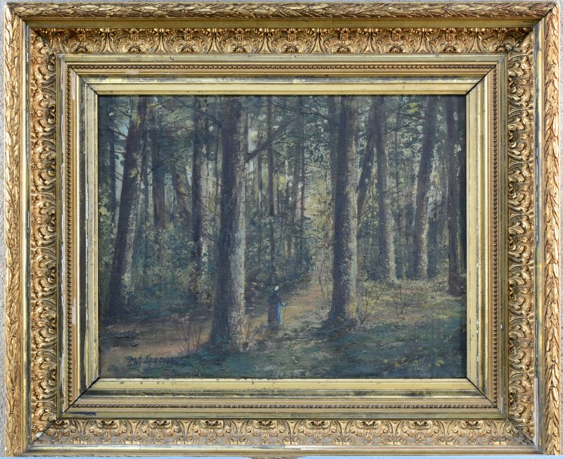 “Wandelaarster in het bos”. Olieverf op doek. Gesigneerd. XIXe eeuw/