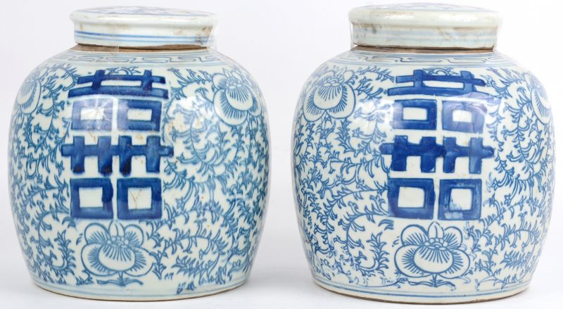 Een paar gemberpotten van blauw en wit Chinees porselein met een decor van bloemen en langlevenstekens.