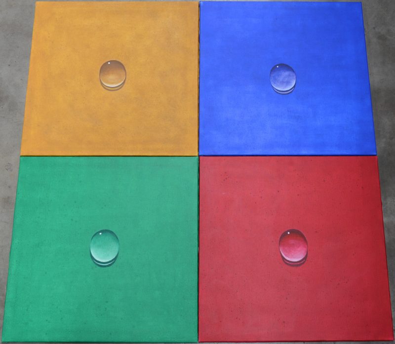 “Red drop”; “Yellow drop”; “Green drop” & “Blue drop”. Acryl op papier. Allen gesigneerd op de verso en gedateerd 2007.