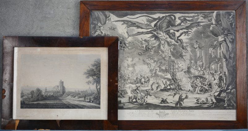 “Chateau de Coaraze” & “La tentation de Saint Antoine Abbé”. Twee oude gravures.