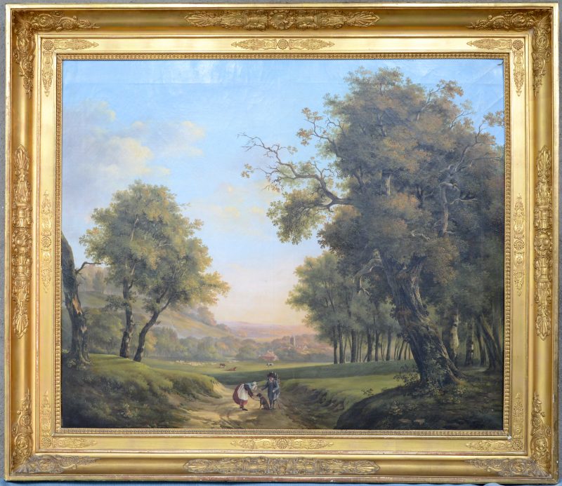 “Wandelaars in een romantisch landschap”. Olieverf op doek. Niet gesigneerd. XIXe eeuw. Kleine restauratie rechts boven.