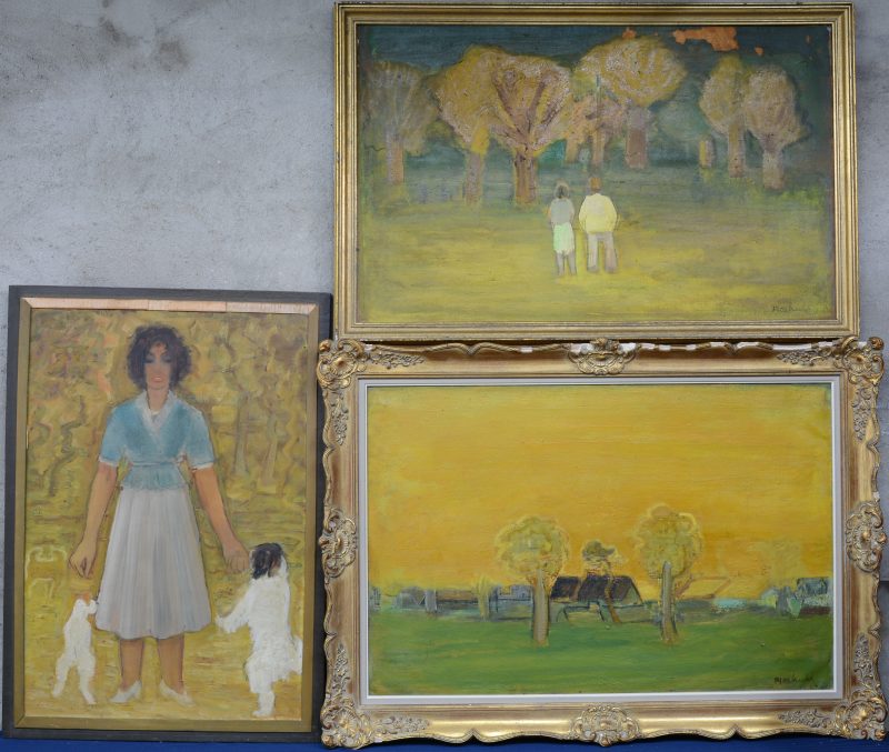 Een lot schilderijen: “Landschap”, olieverf op doek, gesigneerd (60 x 90 cm), (kader beschadigd); “Personages voor bomen”, olieverf op doek, gesigneerd (58 x 90 cm), (letsels); “Meisje met honden”, olieverf op paneel, niet-gesigneerd (78 x 53,5).