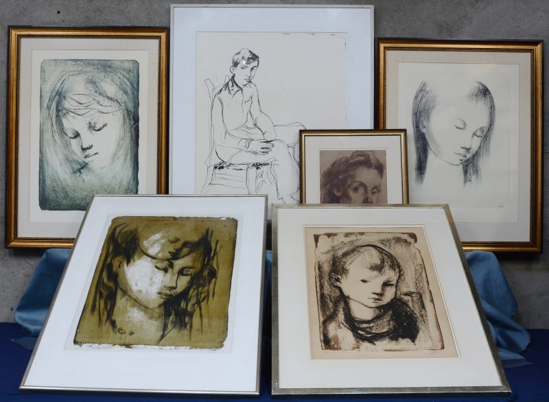 Een lot van zes portretten, waarvan vijf litho’s en een potloodtekening.