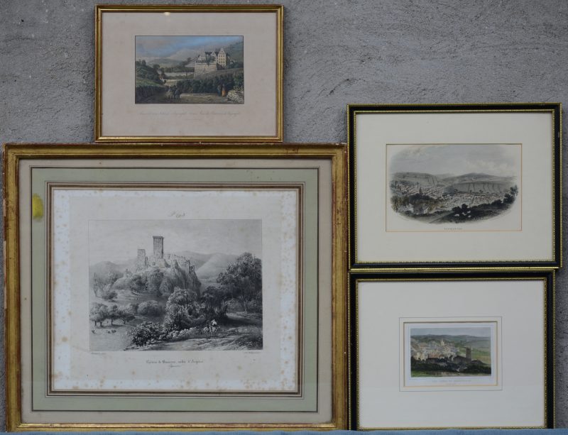 Vier gravures met zichten op Schloß Argenfels, Ashburton en Château de Beaucens.
