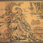 Twee oude Chinese scrolls. Eén op zijde met een decor van tijgers in een landschap. En één van bloeiende takken. Aquarel op papier. Gesigneerd.