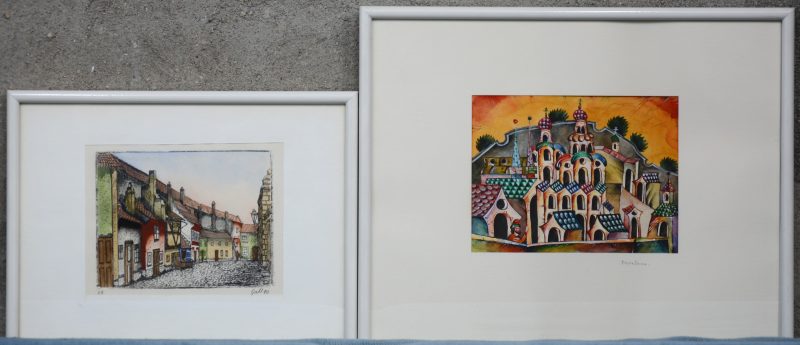 “Zicht op Praag” & Gestilleerd zicht op Novgorod”. Resp. Een kleurenets en een aquarel op papier.