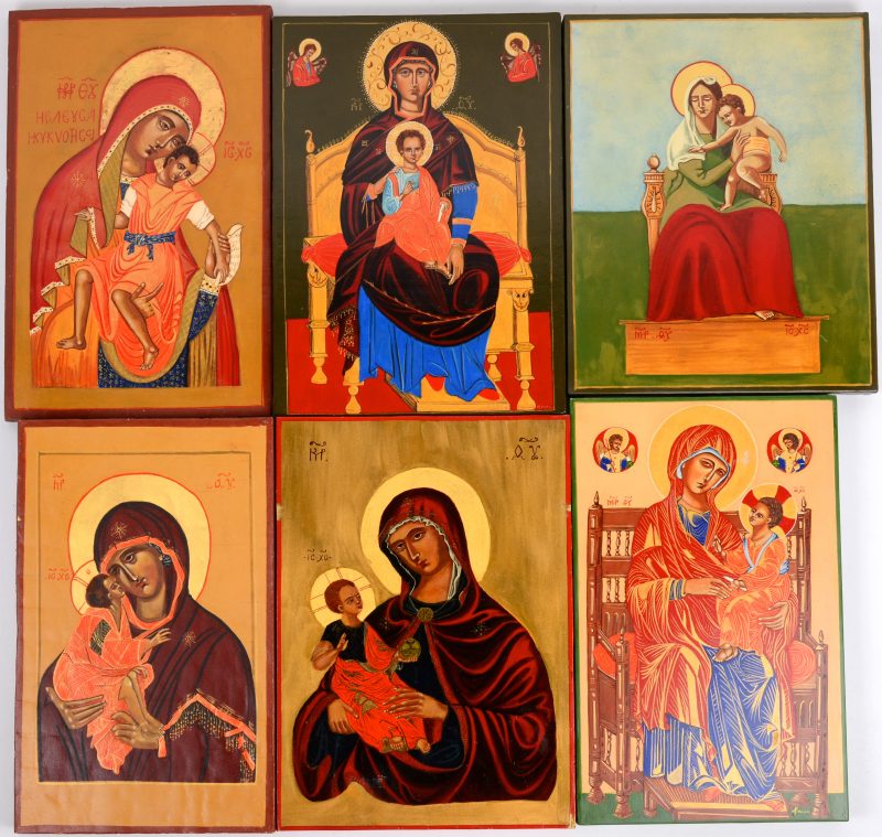 Zes iconen, naar antieke Italiaanse, Russische, Griekse, Cypriotische en Byzantijnse voorbeelden met als thema “Moeder Gods”. Hedendaags werk.