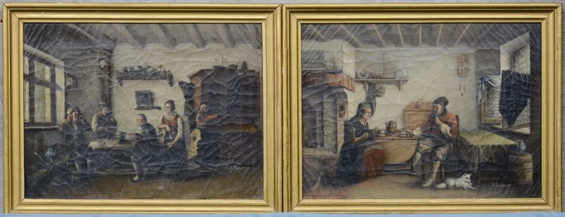 Paar herbergscènes. Olieverf op doek. Gedateerd 1876 en 1878 resp.  Werkte als wapenschilder voor Leopold II