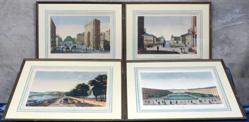 Een lot van vier ingekleurde XIXe eeuwse gravures met zichten op Parijs door Guiget.
