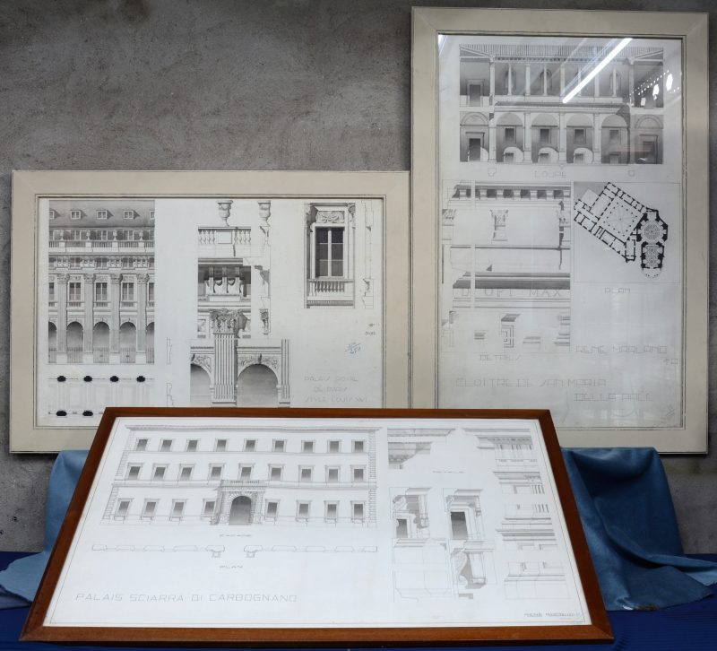 Drie architecturale tekeningen, aquarel en inkt op papier.:- “Palais Sciarra di Carbognano”. Rene Rucqudi, 15/2/33.- “Palais Royal de style Louis XVI”- “Cloître de San Maria Della Pace”. René Marlano, 1934.