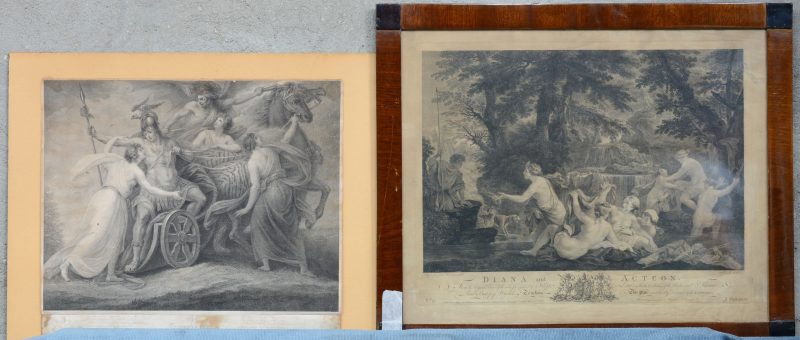 “The Triumph of Mercy” & “ Diana and Acteon”. Twee oude Engelse gravures.