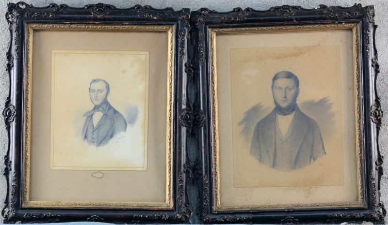 Een paar mannenportretten. Potlood op papier. Beide gesigneerd en gedateerd Resp. Louis Potsekke, 1845 en G.E. Becker, 1857. Franse school. Kaders uit de tijd.