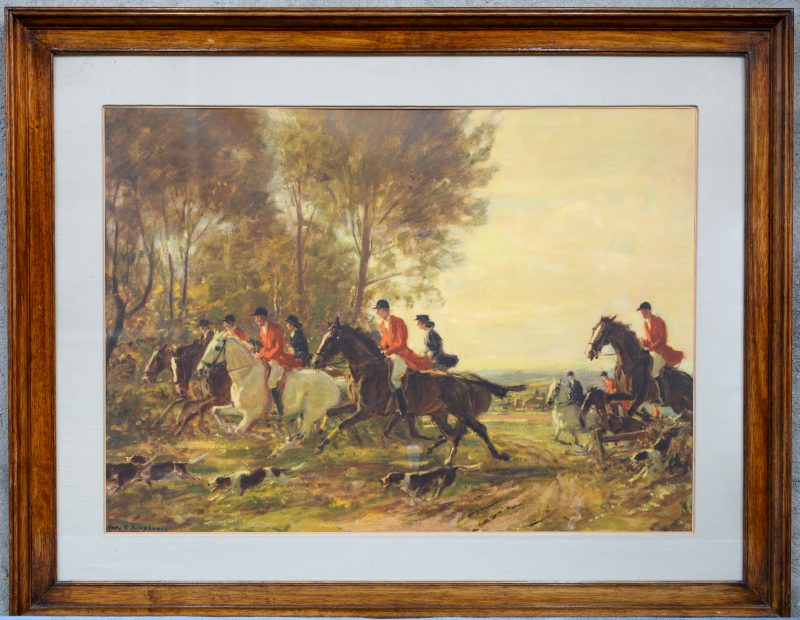 Een reproductie van een schilderij met een Engelse jachtscène.