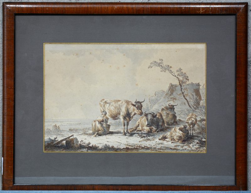 “De melkboerin”. Aquarel op papier. Gesigneerd (gedeeltelijk onder de passe-partout). XIXe eeuw.