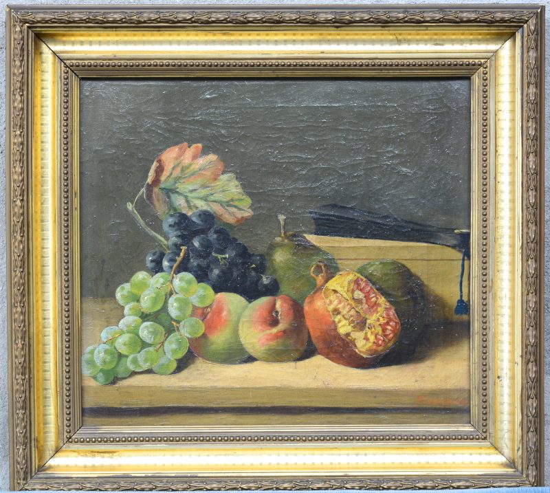 “Stilleven met fruit”. Olieverf op doek. Gesigneerd. XIXe eeuw.