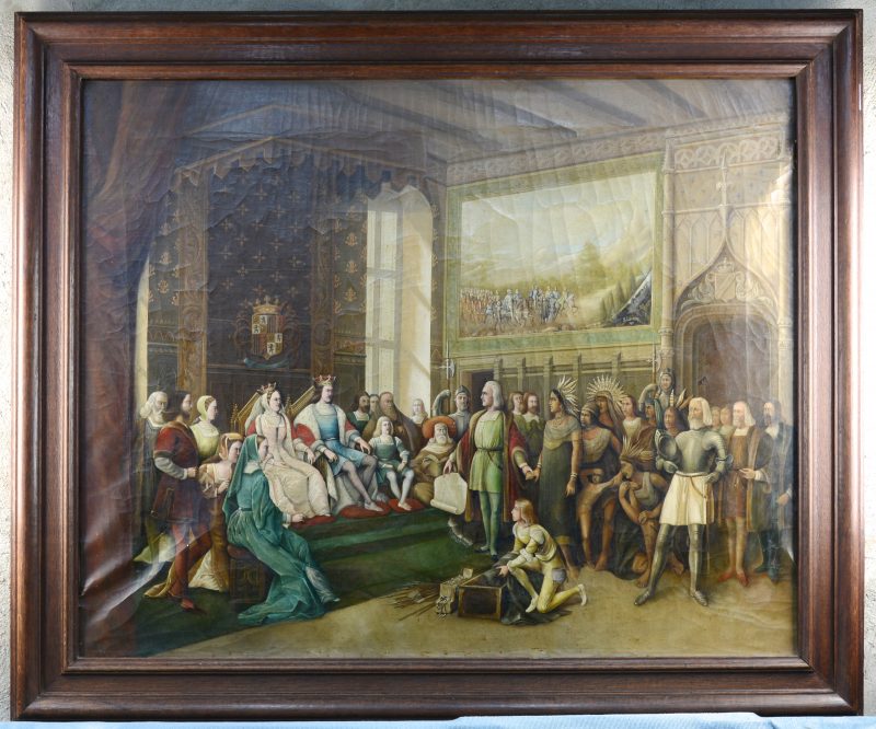 “Christoffel Columbus biedt zich aan bij Ferdinand en Isabella van Spanje”. Olieverf op doek. Gesigneerd en gedateerd 1911. Laurens werkte als wapenschilder voor Koning Leopold II.