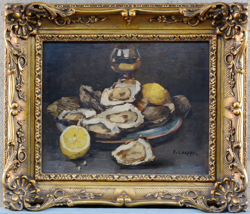 “Stilleven met oesters en wijn” Olieverf op paneel. Gesigneerd.