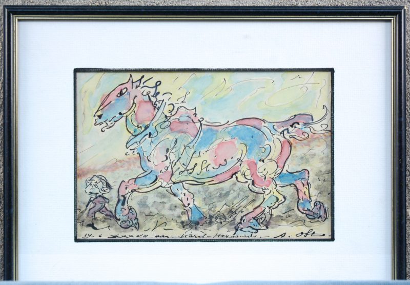 “Boerenpaard”. Inkt en aquarel op papier. Gesigneerd en gedateerd.