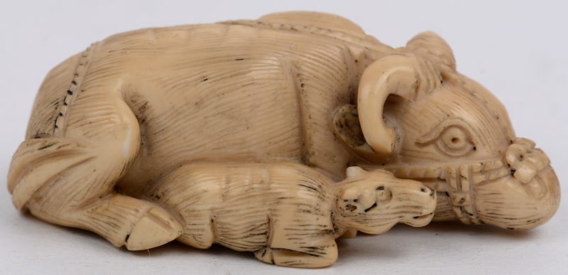 Een netsuke van gesculpteerd ivoor in de vorm van een waterbuffel met kalf.