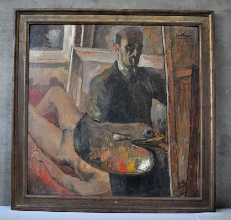 “Zelfportret in het atelier”. Olieverf op doek. Gesigneerd en gedateerd 1946.