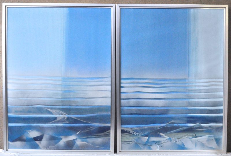 Twee surrealistische landschappen op doek. Gesigneerd Mio(?) en gedateerd. ‘72.