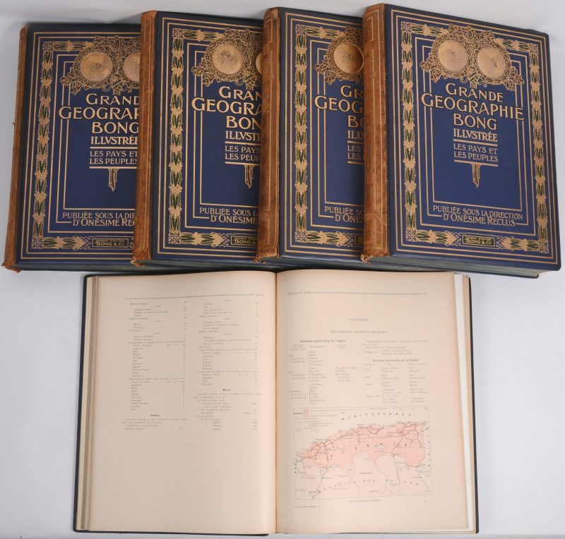 “Grande Géographie Bong”. 5 delen in 5 volumes in-folio. Mooie in goud op blauw versierde band van de uitgever. Ed. Bong & Cie, Paris 1911-1914. Talrijke kaarten en illustraties.