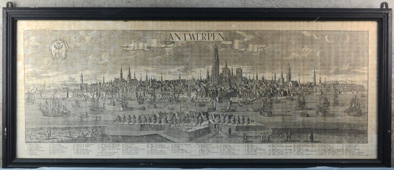 Een oude reproductie van een XVIIe eeuws zicht op de rede van Antwerpen. Vochtschade.