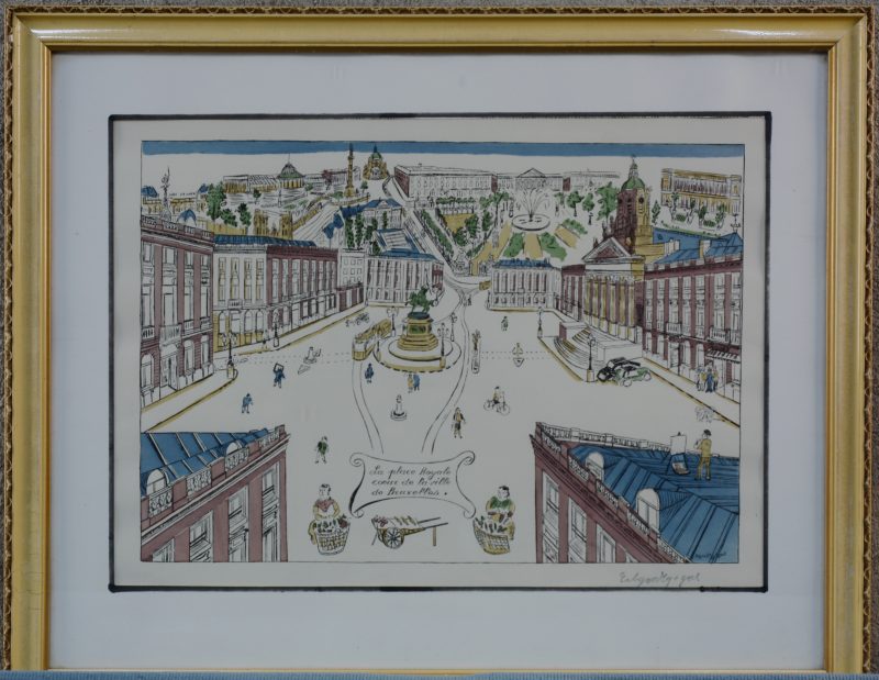 “La place royale coeur de la ville de Bruxelles” Een ingekleurde lithografie.