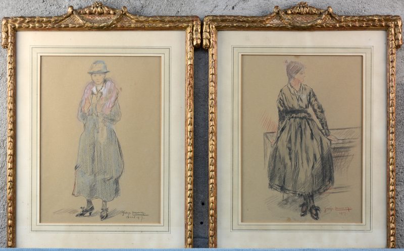Twee damesportretten. Potlood op papier. Gesigneerd. gedateerd 1919