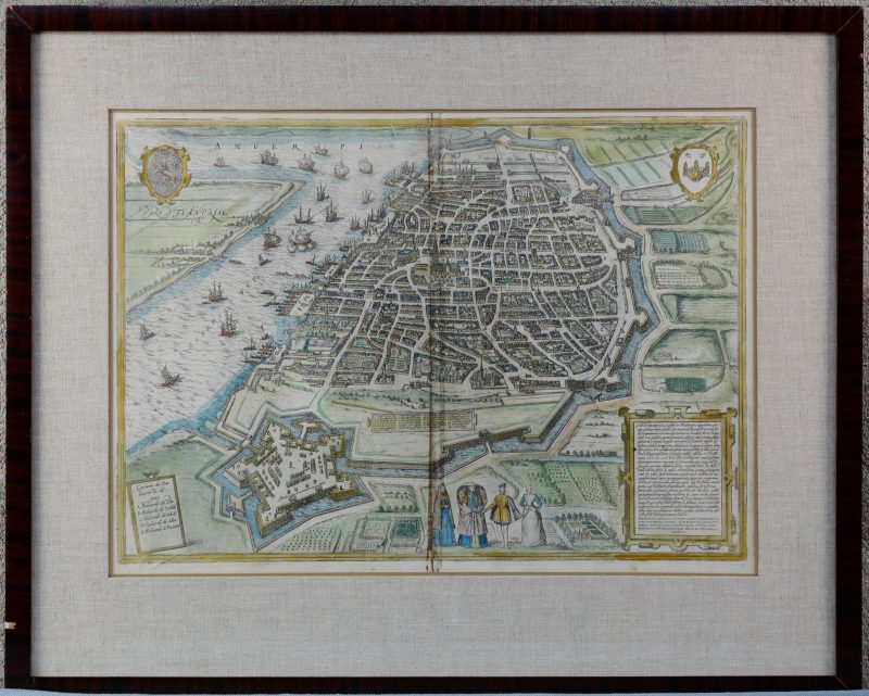 Twee kaarten:“Antverpia”. Oude kaart van de stad Antwerpen ten tijde van Alva, uit Civitas orbis terrarum. Ed. Braun & Hogenberg Keulen 1572 - 1618.“Les noms de Bouleuerts & Raparts”. Met de hand ingekleurd. Achteraan een Latijnse tekst.