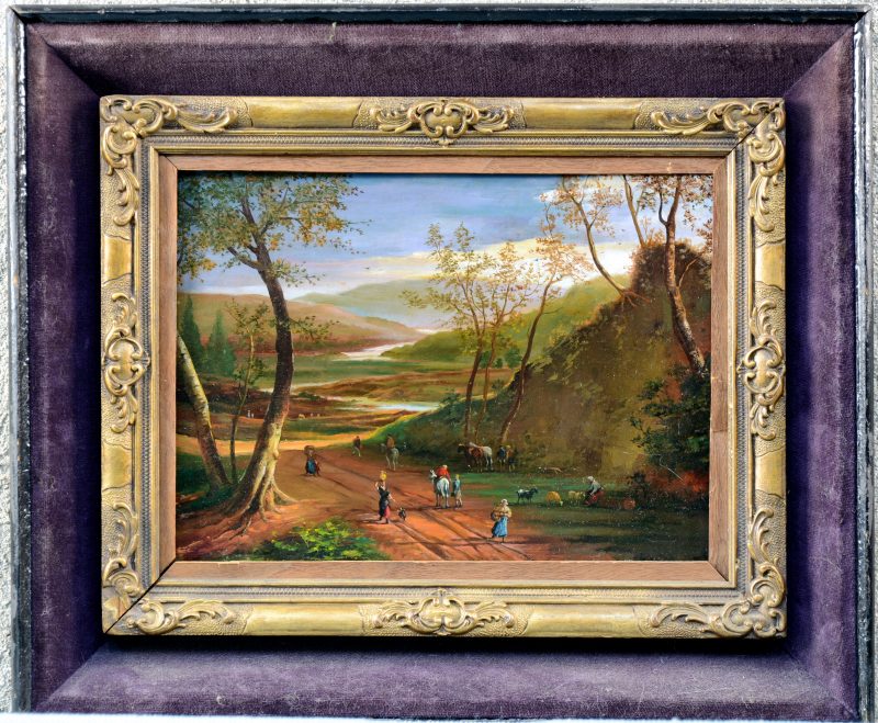 “Romantisch landschap met personages”. Olieverf op paneel. Niet gesigneerd. XIXe eeuw.