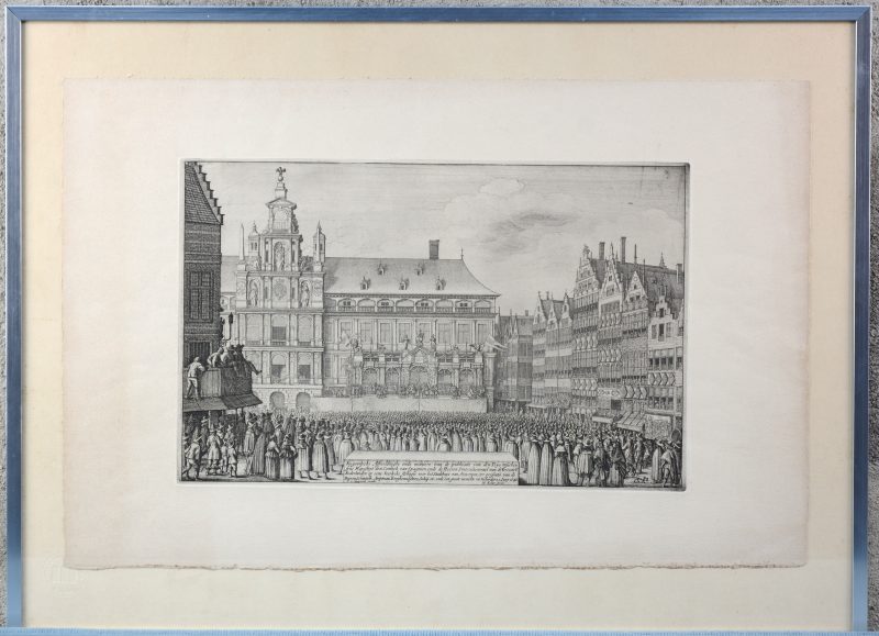 “Bijeenkomst aan het stadhuis te Antwerpen in 1648. Een oude gravure.