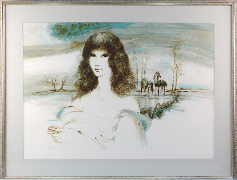 “Jonge vrouw in landschap met paarden”. Gesigneerd en genummerd 133/200.