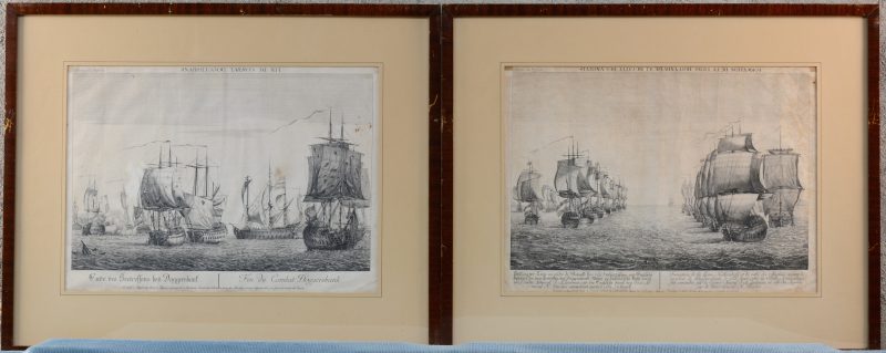 Een paar antieke gravures met voorstellingen van zeeslagen. Omstreeks 1800.