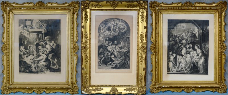 Drie gravures:  “Ecce Virgo concipiet et pariet Filium”. Lucas Vorsterman naar Rubens. “De Aanbidding der Herders” en “De Aanbidding der Wijzen” 1620 (58 x 44 cm). In XIXde eeuwse lijsten (kleine letsels).