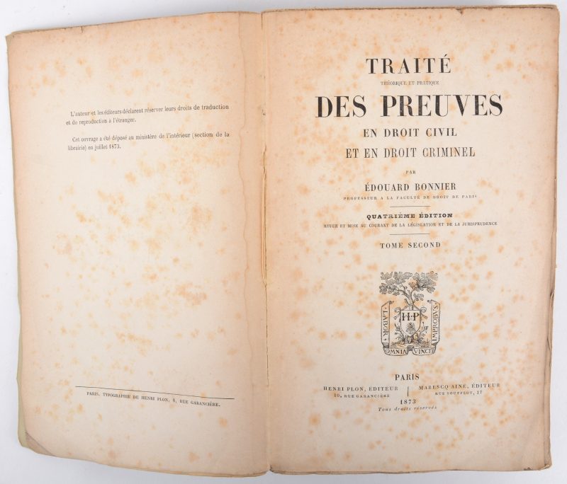 Traité des preuves en droit civil et en droit criminel, 4ième éd. Paris, 1873. Papieren binding, redelijke staat. enkel deel 2 aanwezig.