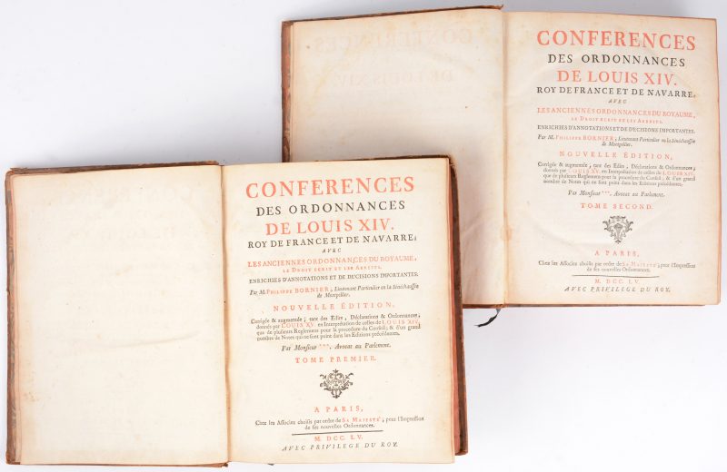 Conférences des ordonnances de Louis XIV, Paris, 1755, 2 delen. Gekartonneerde binding, goede staat.