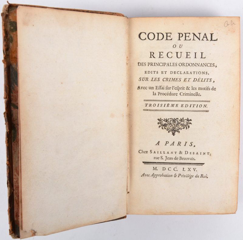 Code pénal ou recueil des principales ordonnances, Paris, 1765. In-octavo, bruine lederen band.