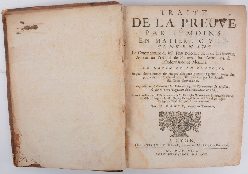 M. DANTY, Traité de la preuve par témoins en matière civile, Lyon, 1708. In-octavo, lederen band.