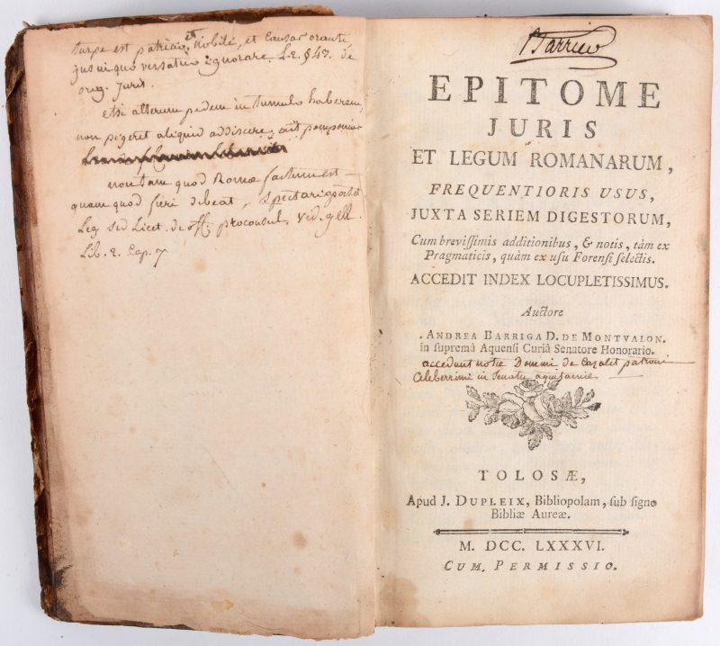 A.B.D. DE MONTVALON, Epitome iuris et legum Romanarum, Tolorae, 1786. IN-12mo, lederen band.