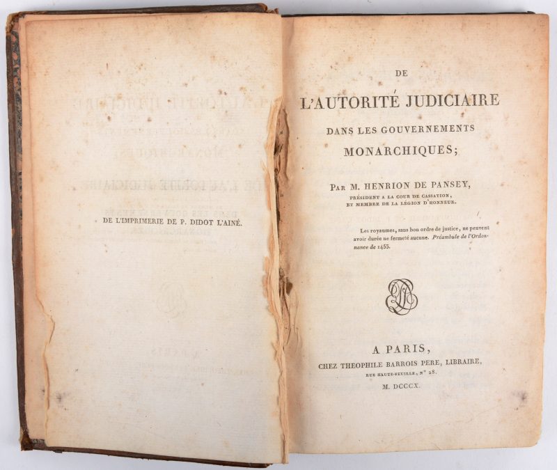 HENRION DE PANSEY, De l’autorité judiciaire dans les gouvernements monarchiques Paris, 1810. In-octavo, bruine lederen band.