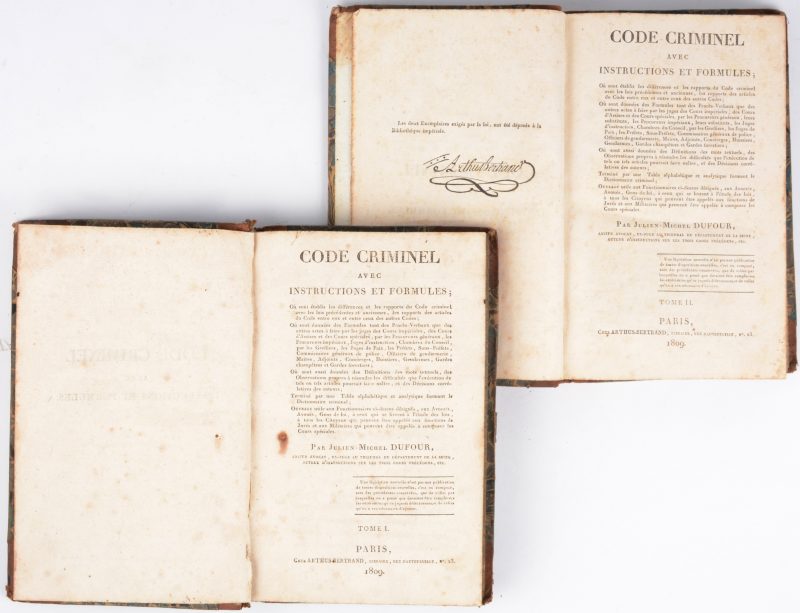 J.M. DUFOUR, Code criminel avec instructions et formules, Paris, 1808, 2 delen. In-octavo, lederen rug.