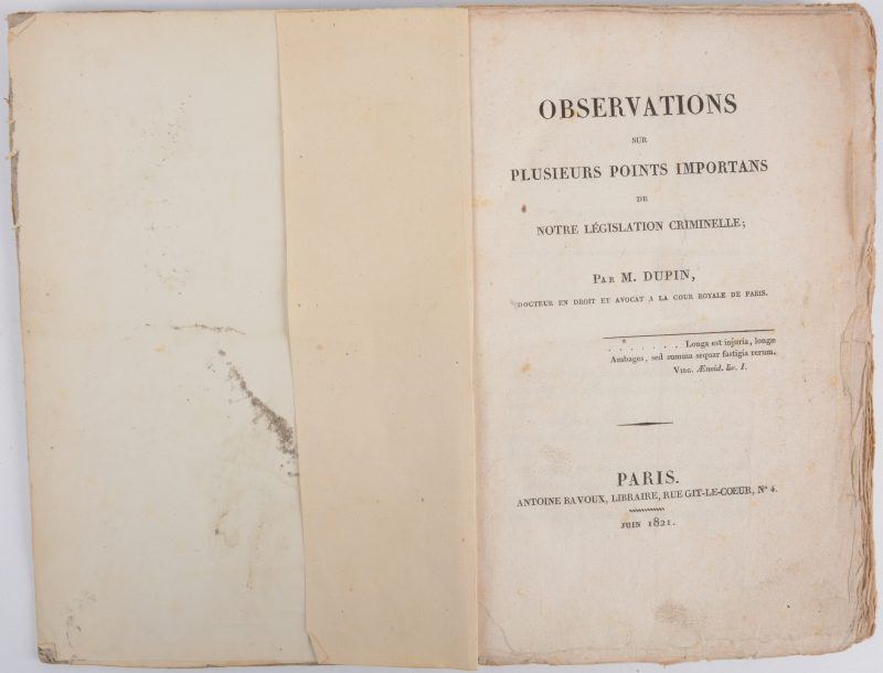 M. DUPIN, Observations sur les plusieurs points importants de notre législation criminelle, Paris, 1821.