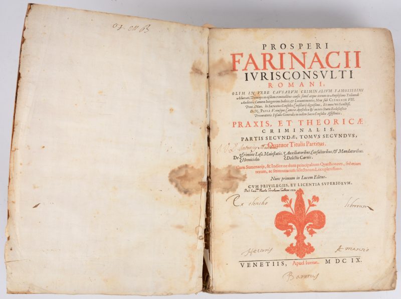 Prosperi FARNIACHII, Praxis et theoricae criminalis, Venetiis, 1609, deel 2. In-folio, perkamenten binding.