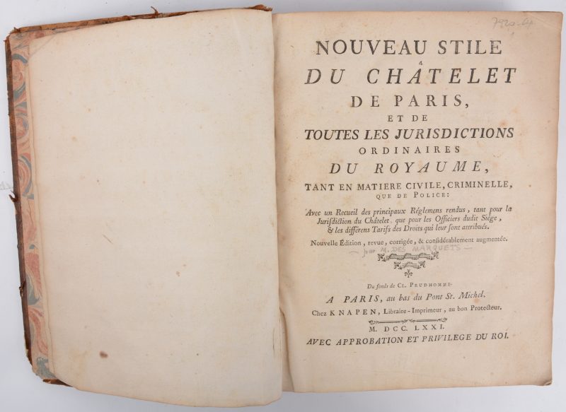 Cl. PRUDHOMME, Nouveau stile du Chatelet de Paris et de toutes les jurisdictions ordinaires du Royaume, Paris, 1771. In-quarto, bruine lederen band.