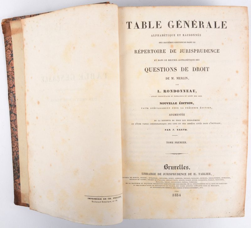 L. RONDONNEAU, Questions de droit de M. MERLIN, Bruxelles, 1834. In-octavo. Lederen rug.