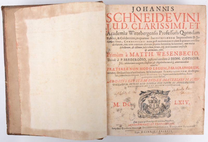 Johannis SCHNEIDEVINI, Institutionum D. Turtiniani libros, 1654. In-octavo, bruine lederen band.