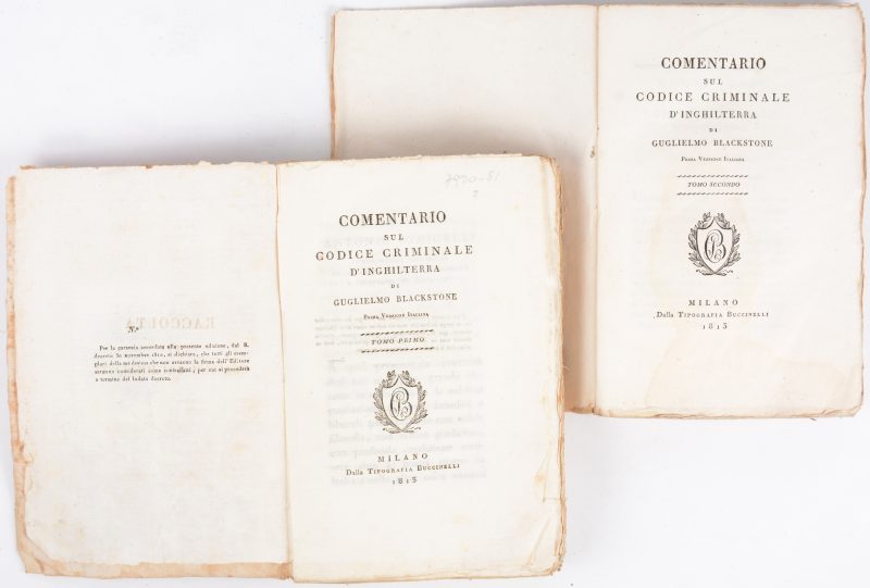 Guglielmo BLACKSTONE, Comentario sul Codice Criminale d’inghilterra, Buccinelli Milano, 1813, 2 delen In het Italiaans. In-octavo, papieren band.